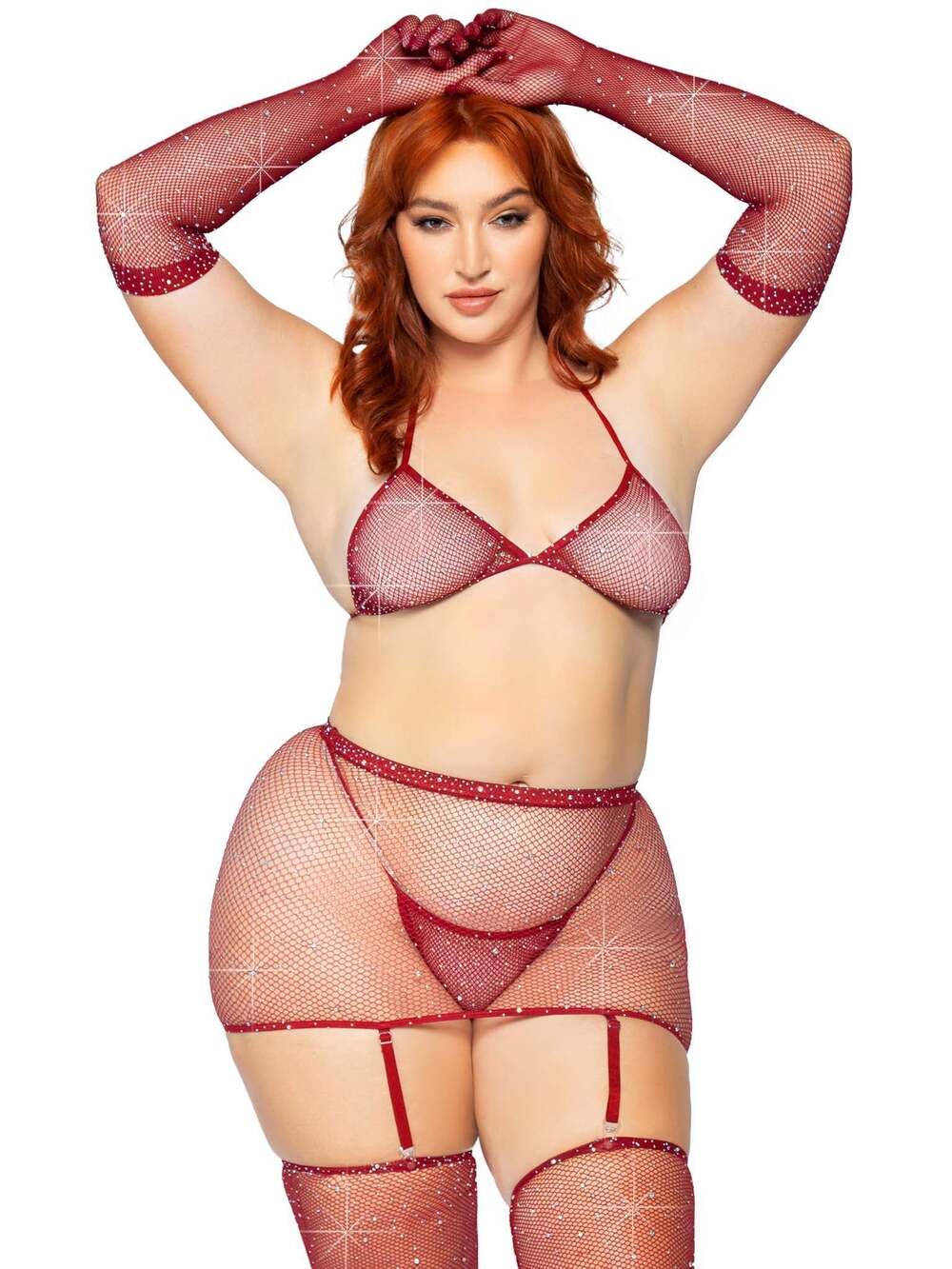 leg Avenue - Plus Size Sparkle And Fine Bra Set - BURGUNDY